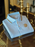 Men's Classic Business Logo Button Short Sleeve Striped Polo Shirt