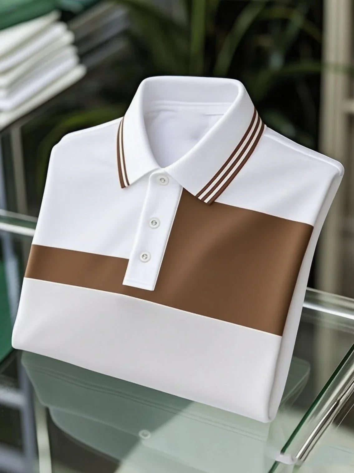 Men's Business Casual Striped Button Short Sleeve Polo Shirt